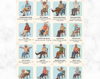 May include: A colorful illustrated guide titled "Relaxed Chair Exercises for Seniors." The guide demonstrates various seated exercises, including arm raises, knee extensions, and ankle circles. Each exercise is accompanied by instructions and rep counts, promoting senior fitness and well-being.
