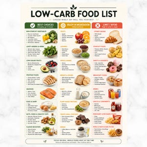 Pode incluir: Uma lista de alimentos com baixo teor de carboidratos com três colunas intituladas Best Choices, Enjoy in Moderation e Limit/Avoid. O cartaz educativo inclui grupos alimentares categorizados com listas de texto e ilustrações coloridas de comida.