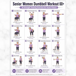 Op de afbeelding: Een witte instructieposter getiteld Senior Women Dumbbell Workout 60+ met 16 genummerde illustraties van een persoon in een paars shirt en donkere broek die krachttrainingsoefeningen met dumbbells uitvoert, inclusief herhalingen en instructies.