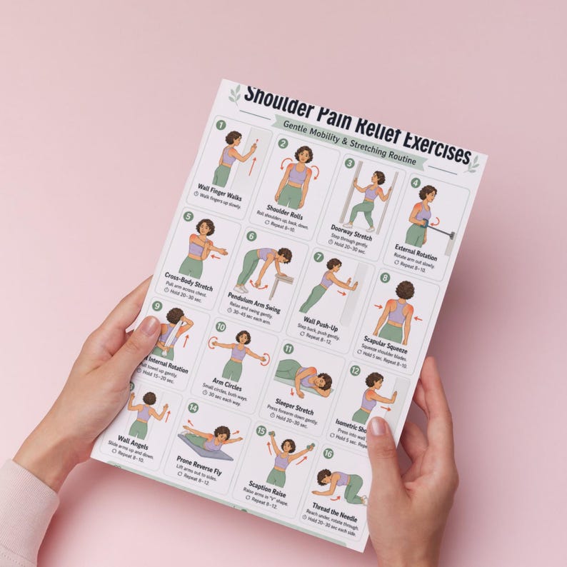 May include: A white poster titled "Shoulder Pain Relief Exercises" with illustrations of various stretches. The poster includes text describing each exercise, such as "Wall Finger Walks" and "Doorway Stretch". The background is a soft pink.