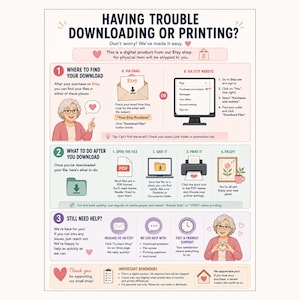 Puede incluir: Una gu&iacute;a de descarga digital titulada "HAVING TROUBLE DOWNLOADING OR PRINTING?". Ofrece instrucciones para descargar e imprimir archivos de Etsy. La gu&iacute;a incluye ilustraciones y texto, brindando soporte y recordatorios. El formato es PDF.