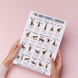 May include: A white sheet with the title "FULL BODY DUMBBELL EXERCISES" and illustrations of various dumbbell exercises. The sheet is held by a person against a pink background. The exercises are designed to build strength, increase muscle, and improve performance.