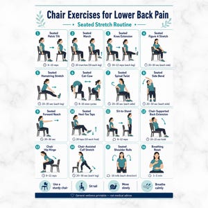 May include: An instructional poster titled Chair Exercises for Lower Back Pain featuring sixteen numbered illustrations of a person performing seated stretches and movements on a chair, with text labels for each exercise and guidance on repetitions.