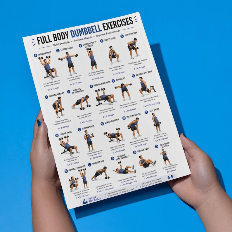 May include: A white exercise chart titled "FULL BODY DUMBBELL EXERCISES" with illustrations of various dumbbell exercises. The chart is held against a blue background. The chart includes exercises like shoulder press, lateral raises, and overhead tricep extension.