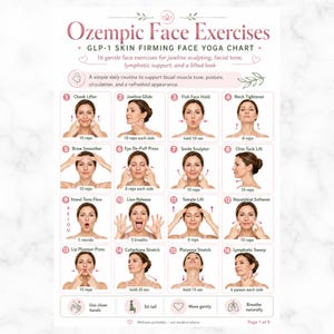 Peut inclure: Un tableau informatif blanc intitulé Ozempic Face Exercises GLP-1 Skin Firming Face Yoga Chart. Il présente seize panneaux numérotés avec des illustrations d'exercices faciaux, chacun avec des instructions spécifiques et des répétitions pour un usage quotidien.