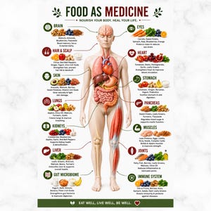 Op de afbeelding: Een educatieve Food as Medicine poster met een centraal menselijk anatomiediagram met interne organen. Omringende tekst en illustraties koppelen specifieke voedingsmiddelen aan lichaamssystemen zoals hersenen, hart, longen en lever.