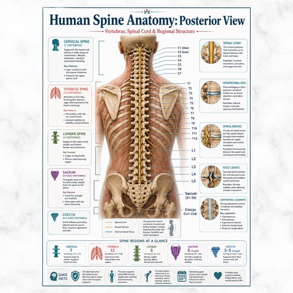 Human Spine Anatomy Poster Printable, Posterior Vertebrae Chart PDF