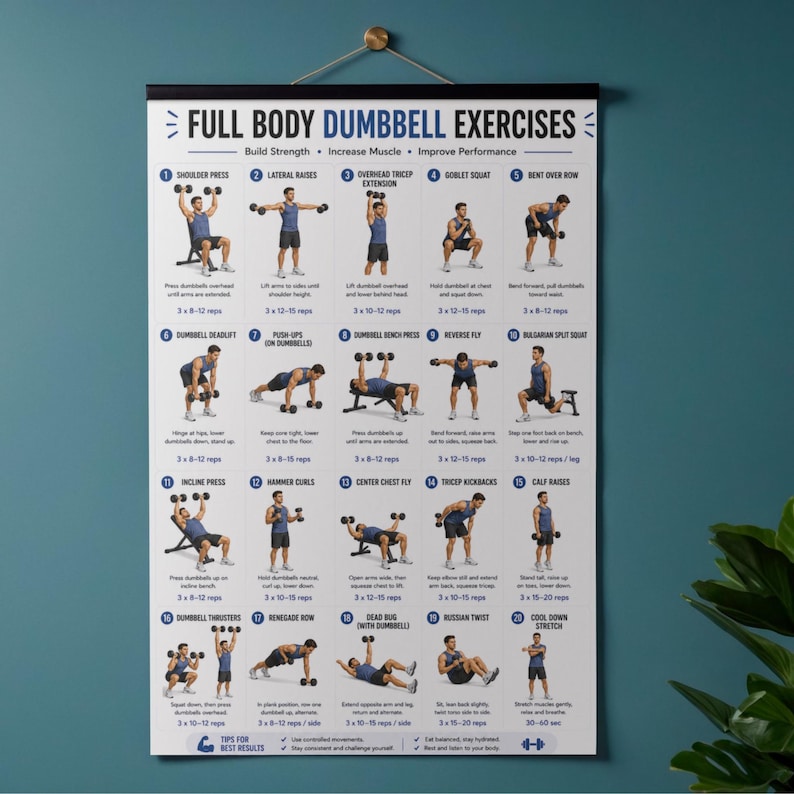 May include: A poster titled "Full Body Dumbbell Exercises" with illustrations of various dumbbell exercises. The poster includes exercises like shoulder press, lateral raises, and goblet squats, with instructions and rep counts. It's designed for strength training.