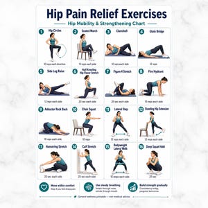 May include: A white instructional chart titled Hip Pain Relief Exercises featuring sixteen numbered illustrations of a person in teal athletic wear performing various mobility and strengthening movements, including text instructions for reps and duration.