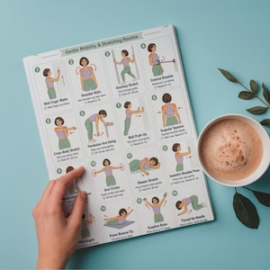 May include: A white printed exercise chart titled "Gentle Mobility & Stretching Routine" with illustrations of various stretches. A cup of coffee sits on a light blue surface. A hand is touching the chart.