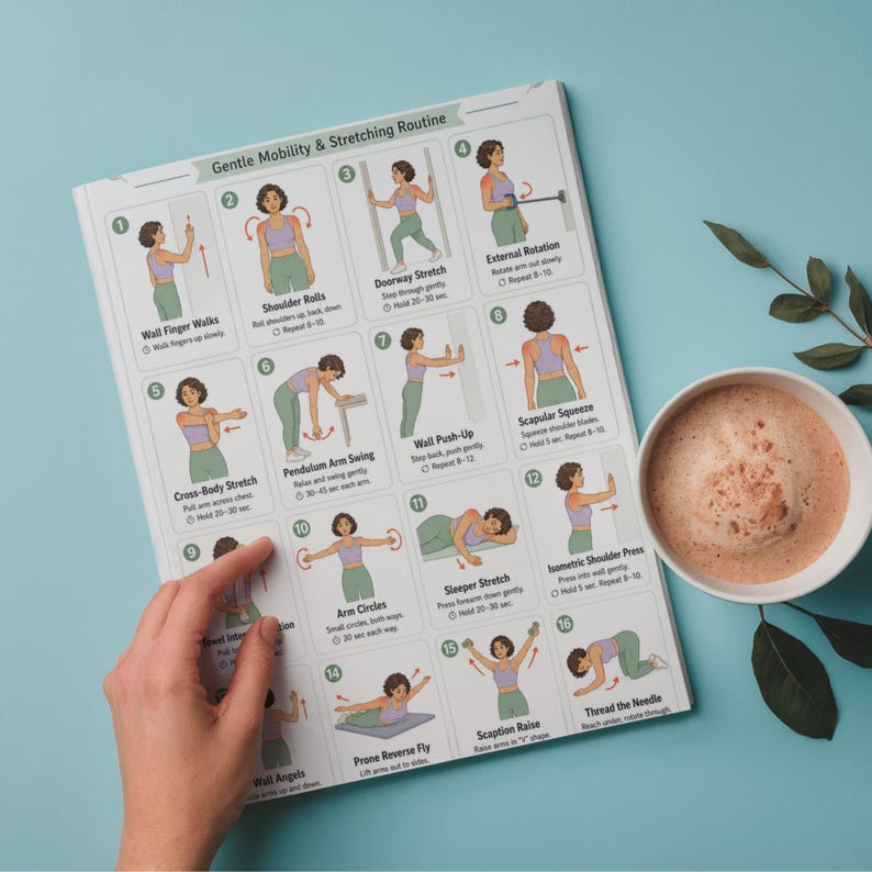 May include: A white printed exercise chart titled "Gentle Mobility & Stretching Routine" with illustrations of various stretches. A cup of coffee sits on a light blue surface. A hand is touching the chart.