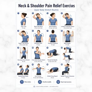 Peut inclure: Une affiche pédagogique blanche intitulée Neck & Shoulder Pain Relief Exercises présentant seize illustrations numérotées d'une personne en t-shirt bleu effectuant des étirements du haut du corps, avec des légendes et des icônes de sécurité.