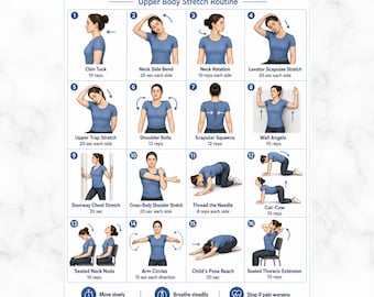 Può includere: Un poster didattico bianco intitolato Neck & Shoulder Pain Relief Exercises che presenta sedici illustrazioni numerate di una persona con una maglietta blu che esegue vari esercizi di stretching per la parte superiore del corpo, con etichette e icone.