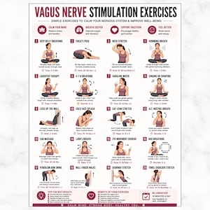 Pode incluir: Um cartaz com instruções para exercícios de estimulação do nervo vago. Os exercícios incluem técnicas de respiração, alongamento e movimento. O cartaz foi concebido para promover a calma, melhorar o bem-estar e apoiar a digestão. O texto inclui "Mente calma, corpo forte, saudável você."
