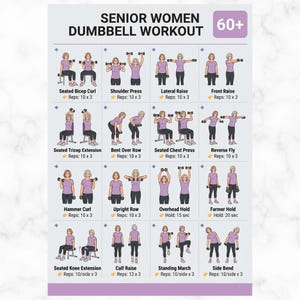 May include: A dumbbell workout chart for senior women, with illustrations of exercises like seated bicep curls and shoulder presses. The chart provides instructions on reps and sets for each exercise. The text includes the title "Senior Women Dumbbell Workout".