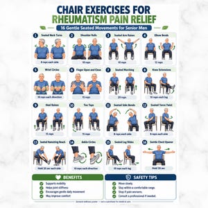 May include: A poster titled Chair Exercises for Rheumatism Pain Relief featuring 16 numbered illustrations of a person in a blue shirt performing seated movements. Includes sections for benefits and safety tips with green checkmark icons.