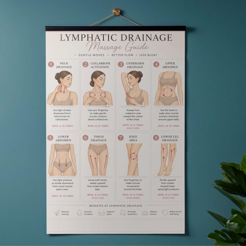 May include: A white poster with black text and illustrations detailing lymphatic drainage massage techniques. The poster, titled "Lymphatic Drainage Massage Guide," includes diagrams for neck, collarbone, underarm, and abdomen areas, among others. It hangs from a gold-coloured rod.