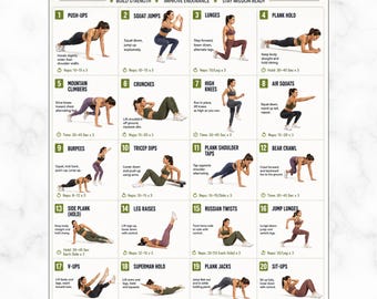 Può includere: Un grafico di allenamento completo intitolato "Military Calisthenics". Il grafico verde e bianco mostra 20 esercizi con illustrazioni, tra cui flessioni, squat, affondi e plank. Ogni esercizio include istruzioni e conteggi delle ripetizioni. Il grafico promuove la forza e la resistenza.