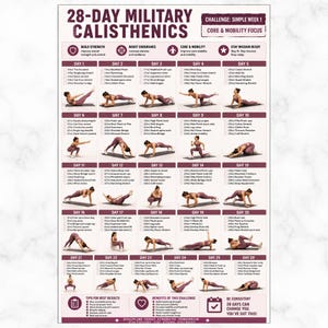 May include: A fitness chart labelled "28-Day Military Calisthenics" with daily exercises. The chart features images of exercises, including push-ups and stretches, and text outlining the workout plan. The focus is on core and mobility.