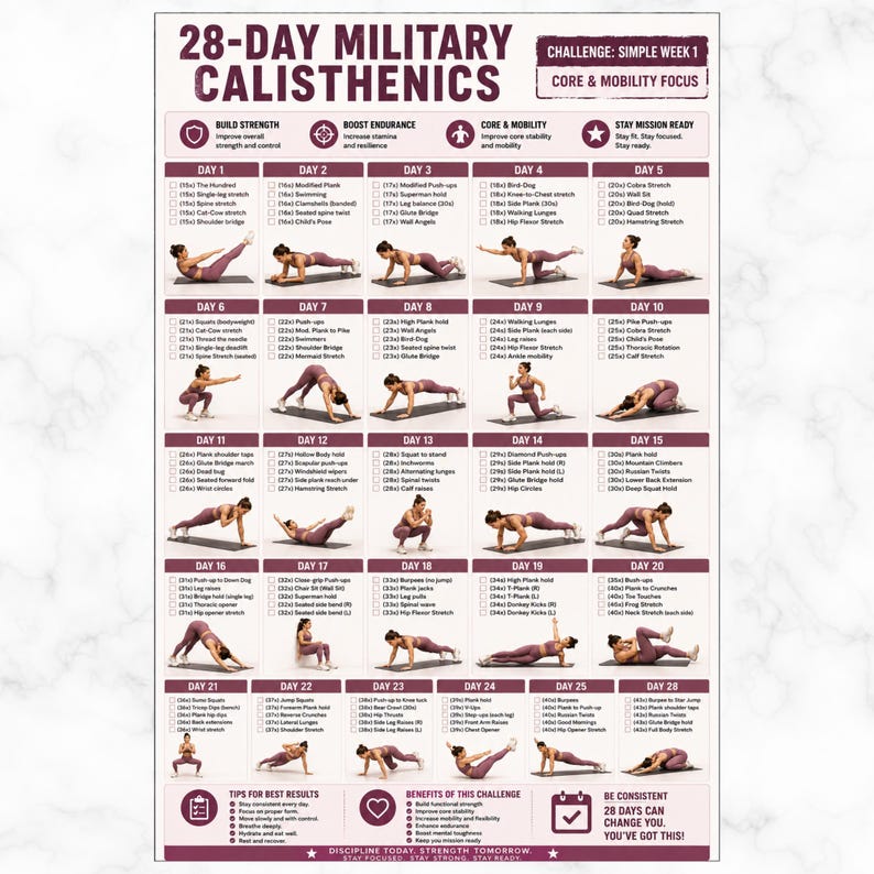 Op de afbeelding: Een trainingsschema getiteld "28-Day Military Calisthenics" met oefeningen voor elke dag. De tabel bevat afbeeldingen van oefeningen, zoals push-ups en stretches, en tekst met details over het trainingsplan. De focus ligt op core en mobiliteit.