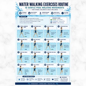 May include: A white instructional poster titled Water Walking Exercises Routine featuring 16 numbered illustrations of a person performing pool movements. The chart includes text instructions, an intensity guide, and tips for fitness and wellness.