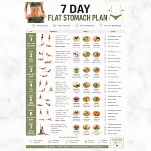 7-dagarsplan för platt mage, utskrivbart magträningsschema, coreträningsrutin, hemmaträning i PDF-format