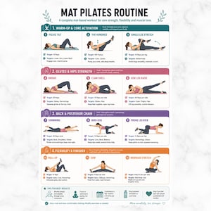May include: A Pilates routine chart with exercises for core strength, flexibility, and muscle tone. The chart includes illustrations of exercises like the pelvic tilt, the hundred, and the single leg stretch. Text includes "MAT PILATES ROUTINE".