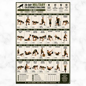 Peut inclure: Un tableau noir et blanc de défi de callisthénie militaire de 28 jours pour hommes. Le tableau comprend des exercices comme les pompes, les squats, les fentes et les tractions. Il présente également des conseils de réussite et les avantages du programme.