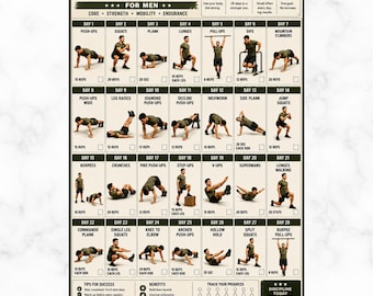 Reto de calistenia militar de 28 días para hombres, plan de entrenamiento con peso corporal, póster de entrenamiento tipo bootcamp en PDF.