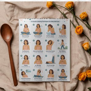 Puede incluir: Un p&oacute;ster blanco con ilustraciones de 16 t&eacute;cnicas suaves de calma para el autocuidado diario. El p&oacute;ster incluye ilustraciones de respiraci&oacute;n abdominal, respiraci&oacute;n zumbante y meditaci&oacute;n consciente. Una cuchara de madera y rosas amarillas tambi&eacute;n est&aacute;n en la imagen.