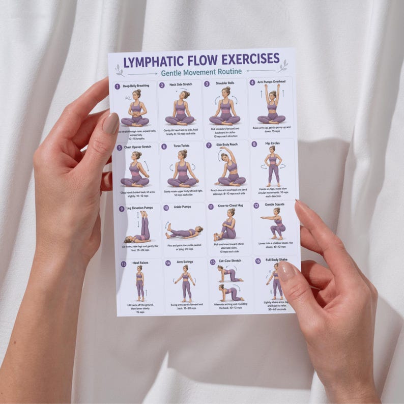 May include: A white printed sheet titled "Lymphatic Flow Exercises" with a "Gentle Movement Routine" guide. The sheet features illustrations of various exercises in purple attire, including deep belly breathing, neck side stretch, and shoulder rolls.
