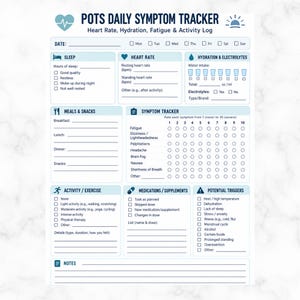 May include: A POTS Daily Symptom Tracker log sheet with blue headers and text. Sections include date, sleep, heart rate, hydration, meals, symptom tracker with a 1-10 scale, activity, medications, potential triggers, and a notes section at the bottom.