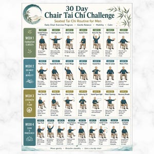 Könnte beinhalten: Ein 30-Tage-Stuhl-Tai-Chi-Challenge-Diagramm mit einem täglichen Übungsprogramm und Illustrationen einer Person auf einem Stuhl, die verschiedene Bewegungen ausführt. Der Text enthält Überschriften für vier Wochen, tägliche Anweisungen und den Titel 30 Day Chair Tai Chi Challenge.