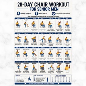Op de afbeelding: Een 28-daags stoeltrainingsschema voor senioren met dagelijkse oefenillustraties en instructies. De poster bevat secties voor voordelen, tips voor succes en een voortgangstracker met genummerde cirkels om elke dag af te vinken.