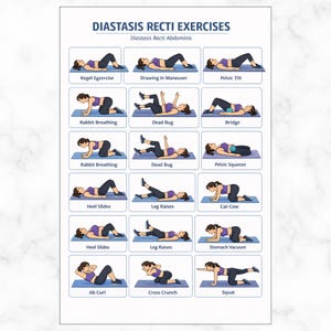 May include: A white poster with the title "DIASTASIS RECTI EXERCISES" and the subtitle "Diastasis Recti Abdominis." The poster displays 15 illustrations of exercises, including Kegel Egzercise, Drawing In Maneuver, and Pelvic Tilt. Each exercise is demonstrated by a person.