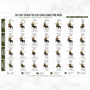 Può includere: Un grafico di sfida di Tai Chi su sedia di 28 giorni con una griglia di illustrazioni di esercizi quotidiani. Ogni riquadro mostra una persona su una sedia che esegue movimenti specifici con etichette di testo e conteggi di ripetizioni.