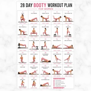 May include: A 28-day workout plan chart featuring 28 numbered exercise illustrations. Each box displays a person in pink athletic wear performing a specific movement with text labels like squat, glute bridge, and lunge, plus set and rep counts.