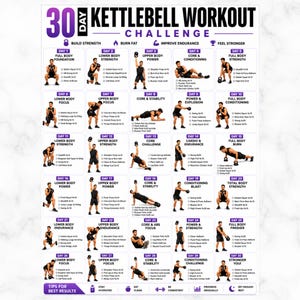 May include: A 30-day kettlebell workout challenge poster featuring a grid of 30 daily exercise routines. Each day includes a title, a black silhouette illustration of a person performing a specific movement, and a list of exercises with sets.