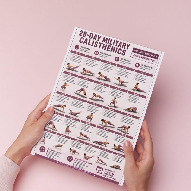 Op de afbeelding: Een fitnessschema getiteld "28-DAY MILITARY CALISTHENICS" wordt tegen een roze achtergrond gehouden. Het schema bevat een trainingsplan met oefeningen voor elke dag, inclusief illustraties en tekst. Het schema richt zich op core en mobiliteit.