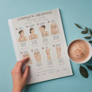 May include: A printed guide titled "Lymphatic Drainage Massage Guide" with illustrations demonstrating massage techniques. The guide is held by a hand and placed on a light blue surface, next to a cup of coffee. The guide's illustrations show the neck, collarbone, underarm, upper abdomen, lower abdomen, thigh, knee area, and lower leg.