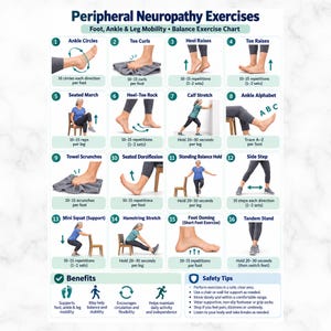Può includere: Un grafico di esercizi per la neuropatia periferica con sedici illustrazioni numerate di movimenti per piedi, caviglie e gambe. Il poster include istruzioni testuali per ogni esercizio, una sezione sui benefici e consigli di sicurezza.