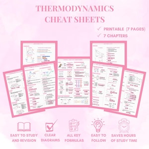 May include: Pink printable cheat sheets for Thermodynamics, featuring diagrams, formulas, and key concepts. The text reads "THERMODYNAMICS CHEAT SHEETS" and "PRINTABLE (7 PAGES)". Icons indicate ease of study, clear diagrams, key formulas, and time-saving benefits.