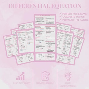May include: A pink and white educational resource titled "DIFFERENTIAL EQUATION". The image features multiple pages of notes with mathematical equations and diagrams. Text includes "PERFECT FOR EXAMS", "COMPLETE TOPICS", and "PRINTABLE (22 PAGES)".