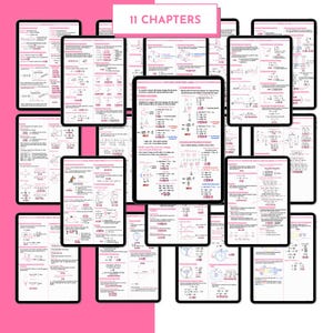 May include: A collection of digital tablets displaying educational notes and diagrams, arranged against a pink background. The tablets feature handwritten text and illustrations in black and pink. The text "11 CHAPTERS" is at the top.