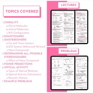 May include: A digital study guide with the title "Topics Covered" in a pink rectangle. The guide lists topics such as chirality, enantiomers, and optical activity. Two tablets display "Lectures" and "Problems" with detailed diagrams and text.