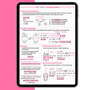 May include: A digital tablet displays a detailed educational diagram on the First Law of Thermodynamics. The notes include formulas, diagrams, and explanations of concepts like enthalpy and heat capacity. The screen is black with white text.