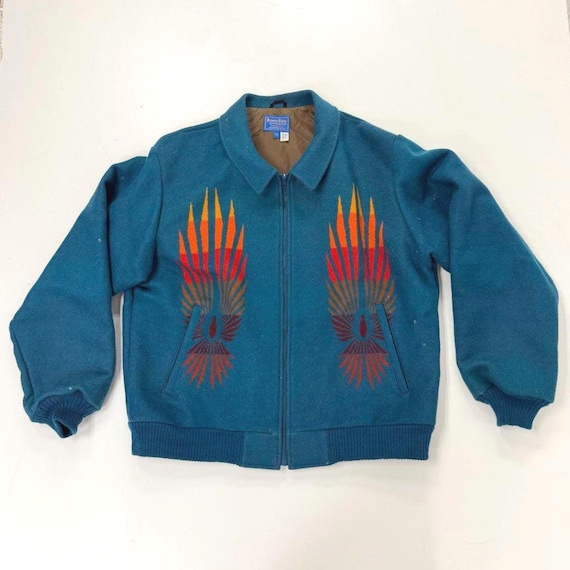 Vintage 80s Pendleton Beaver State Teal Wool Graphic Bomber Jacket
