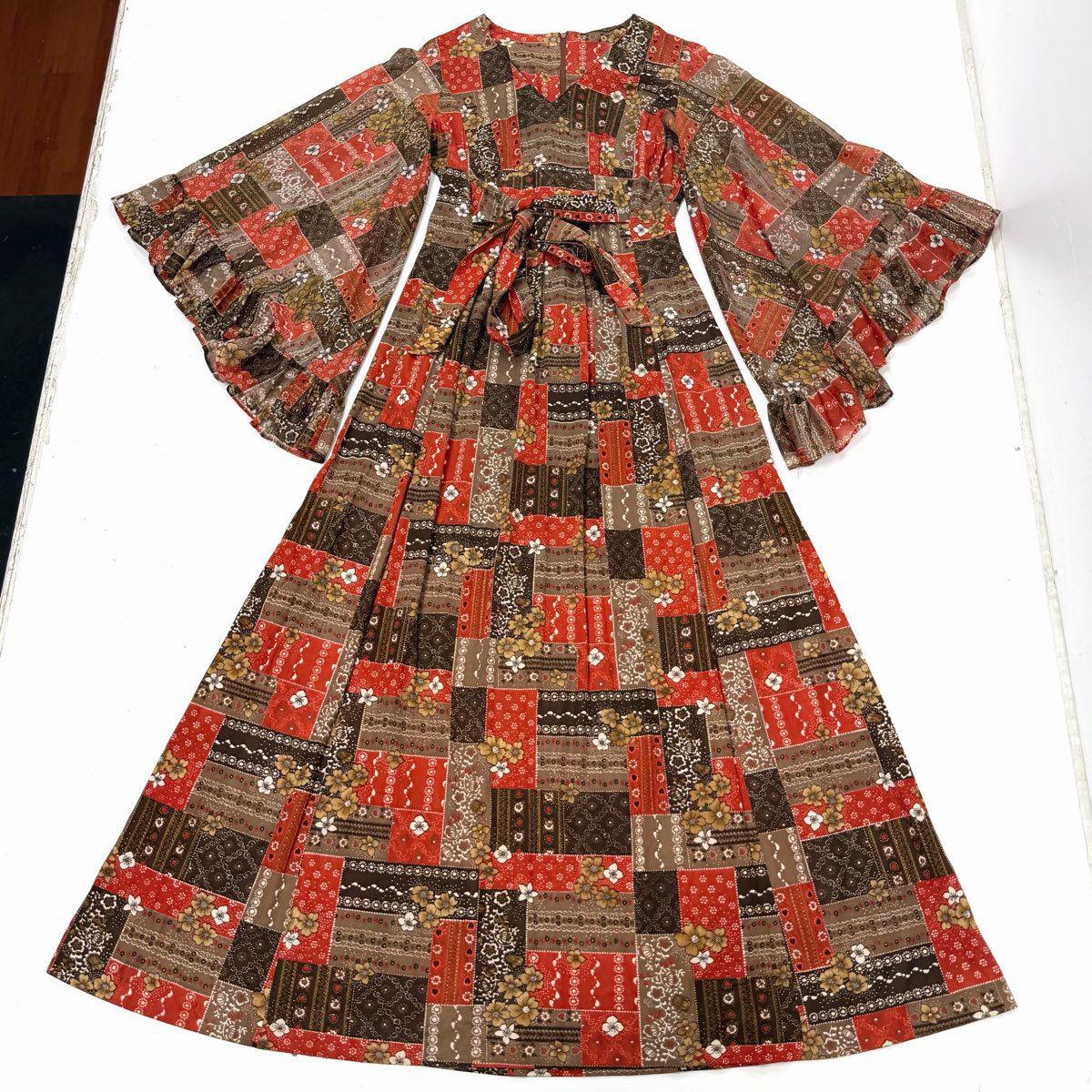 knee length dresses for ladies 1970s Rose Printed Handkerchief Sleeve Tiered Maxi Dress