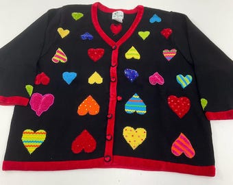Vintage Y2K Quacker Factory Strickjacke mit schwarzer Stickerei und Perlenherzen, Damengröße 3XL