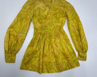 Vintage 1970s Psychedelic Swirl Mini Dress Yellow Groovy Mod Bishop Sleeve